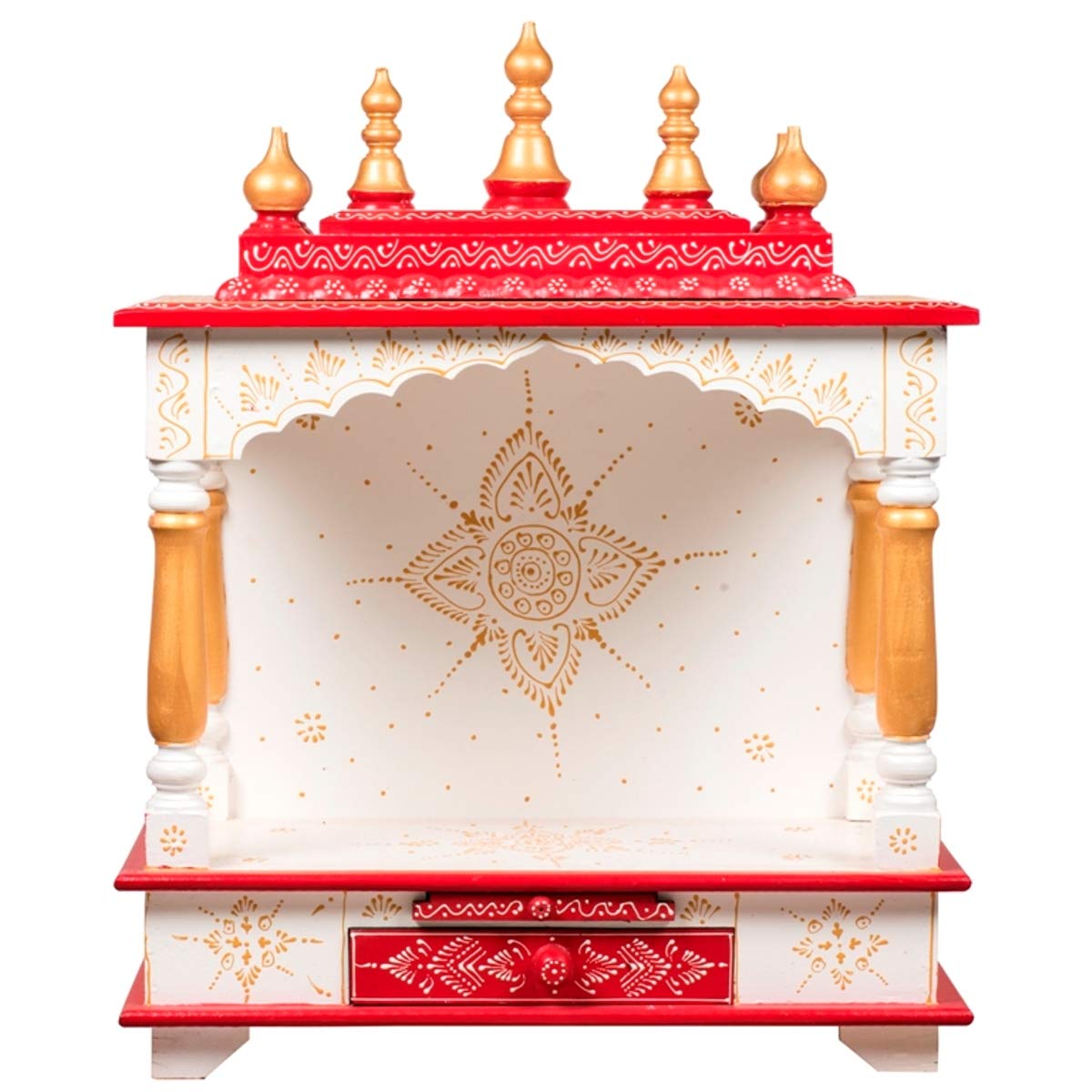 Wooden Pooja Ghar For Home, White & Red, 22x11x28 Inch