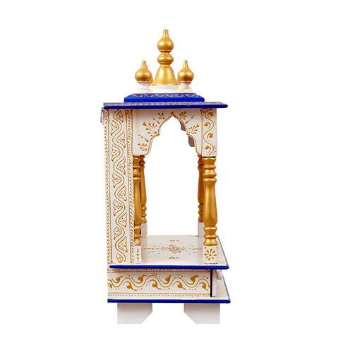 Wooden Temple/Pooja Ghar, White & Blue, 18x9x21 Inch