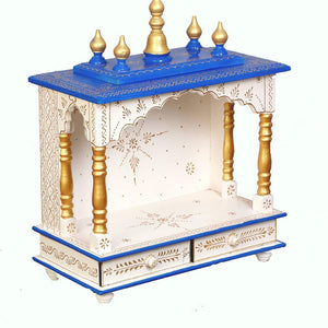 Wooden Temple/Pooja Ghar, White & Blue, 18x9x21 Inch