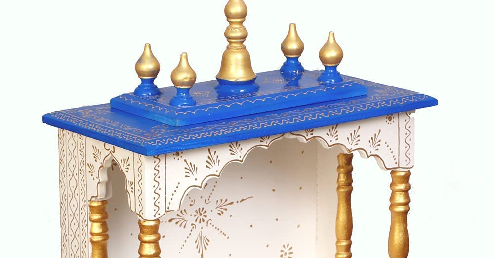 Wooden Temple/Pooja Ghar, White & Blue, 18x9x21 Inch