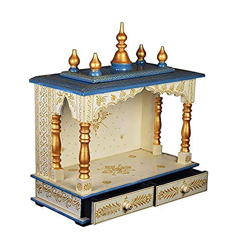 Wooden Temple/Pooja Ghar, White & Blue, 18x9x21 Inch