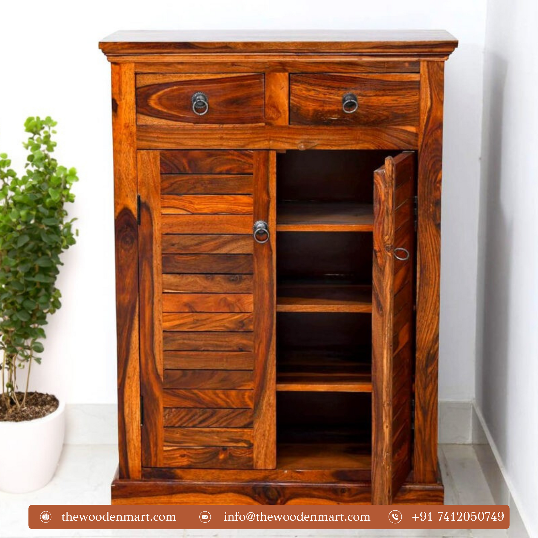 Canrey Sheesham Wood Shoe Rack with Dual Drawer & Louvered Doors– The ...