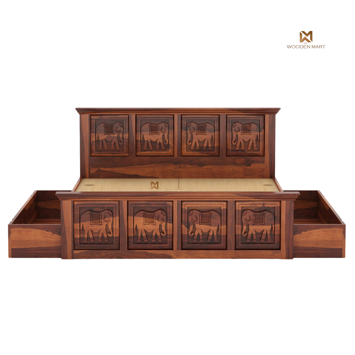 Hand-Carved Elephant Design Sheesham Wood Bed