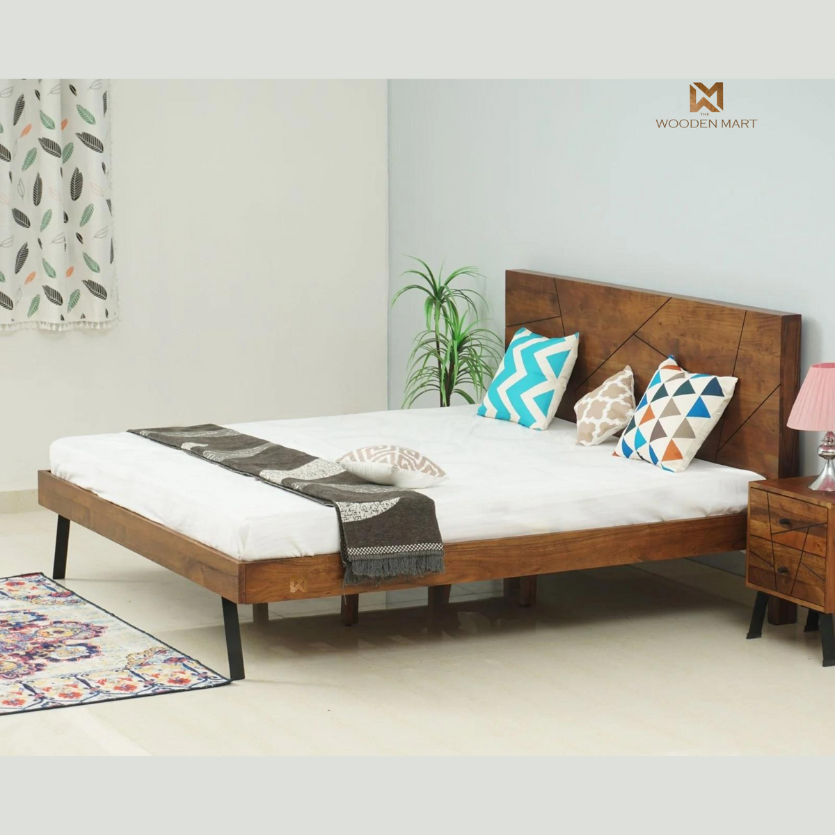 Modern Sheesham Wooden Bed with Geometric Headboard