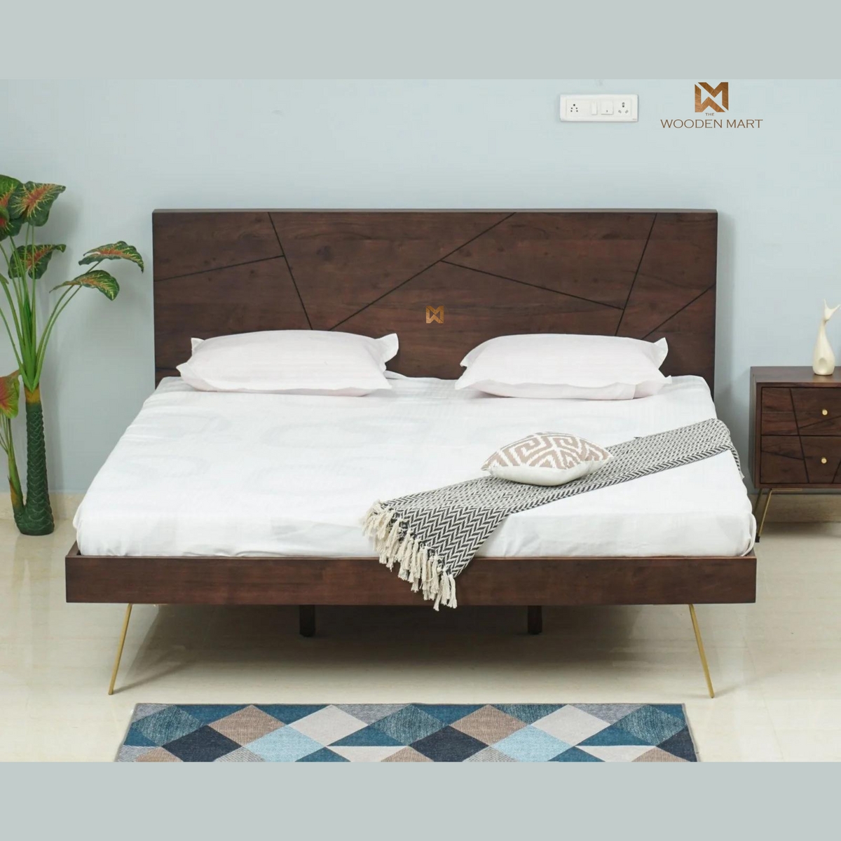 Modern Sheesham Wooden Bed with Geometric Headboard