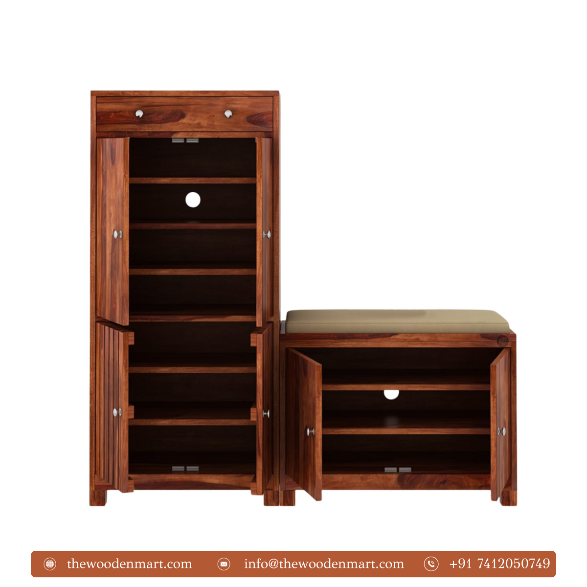 Premium Sheesham Wood Shoe Rack with Seat 