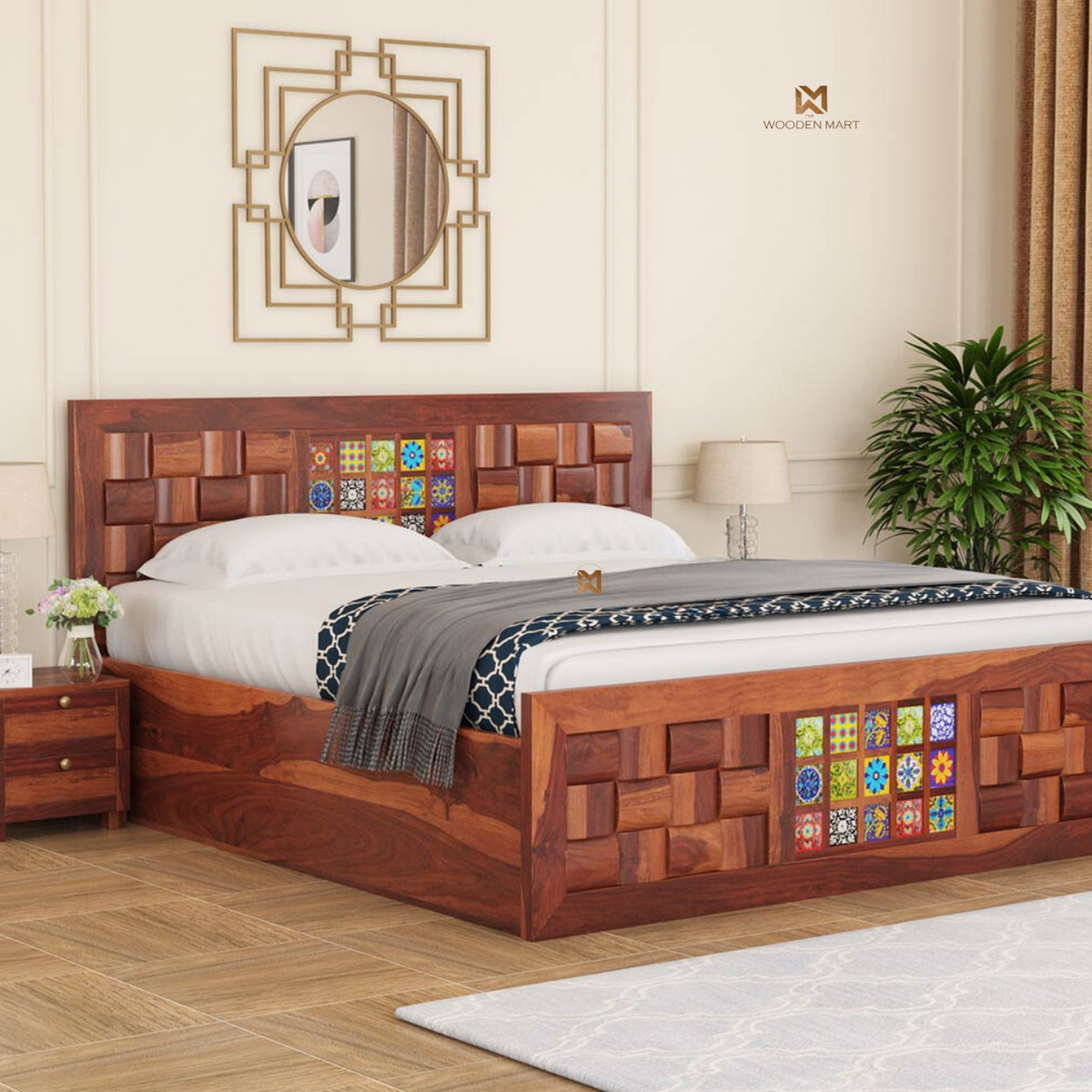Sheesham Wood Bed with Colorful Tile Design 