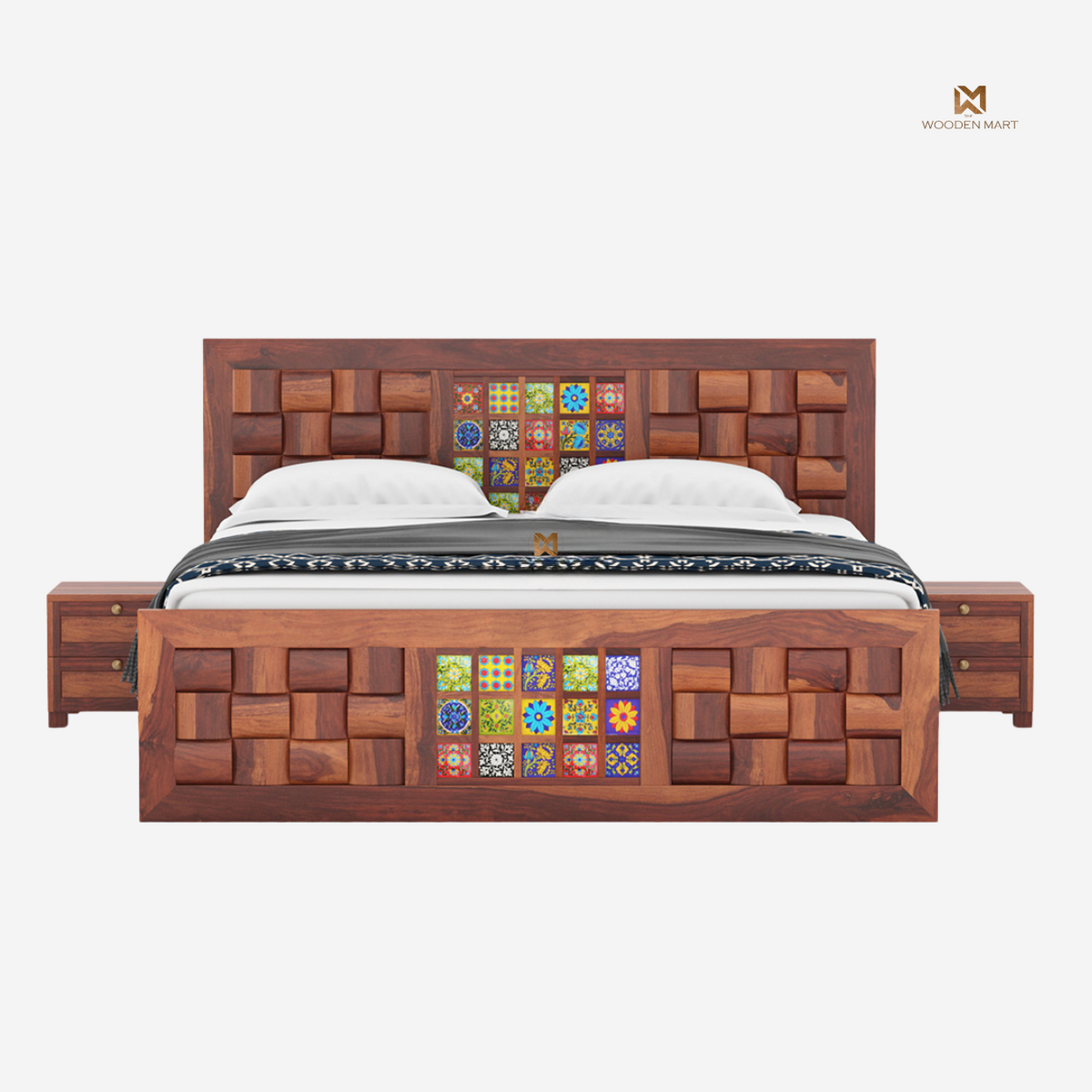 Sheesham Wood Bed with Colorful Tile Design 