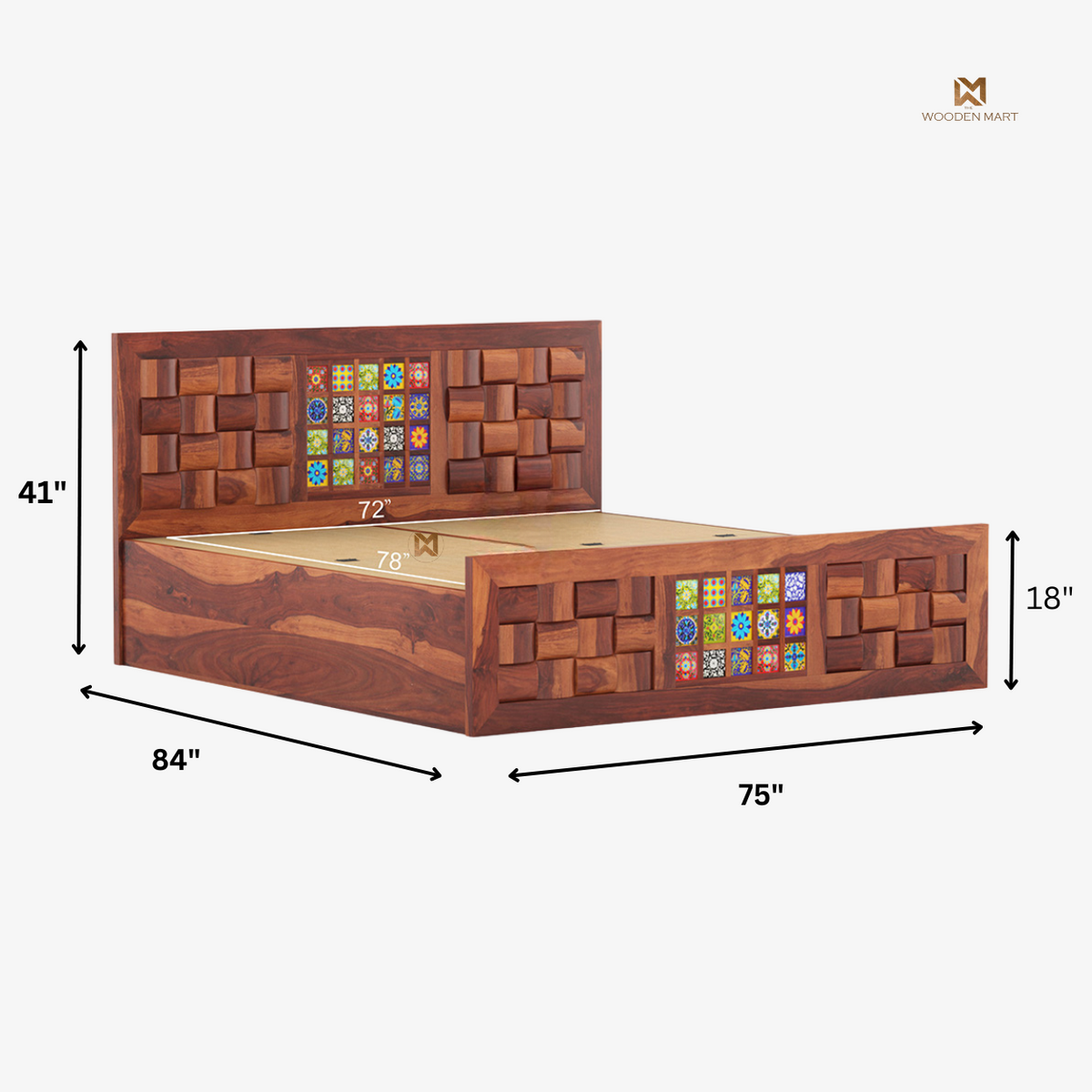 Sheesham Wood Bed with Colorful Tile Design