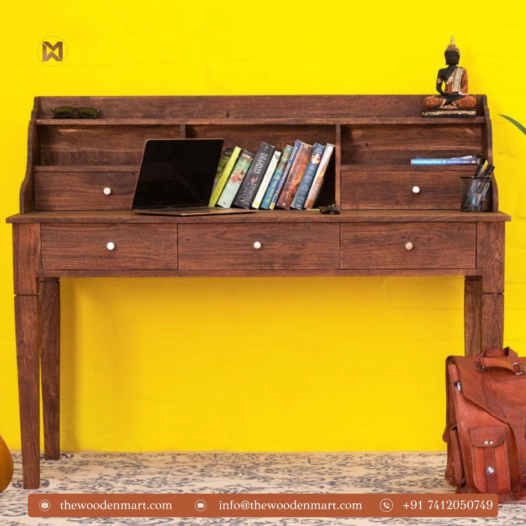Spacious Solid Sheesham Wood Study Table with Shelves and Drawers– The ...