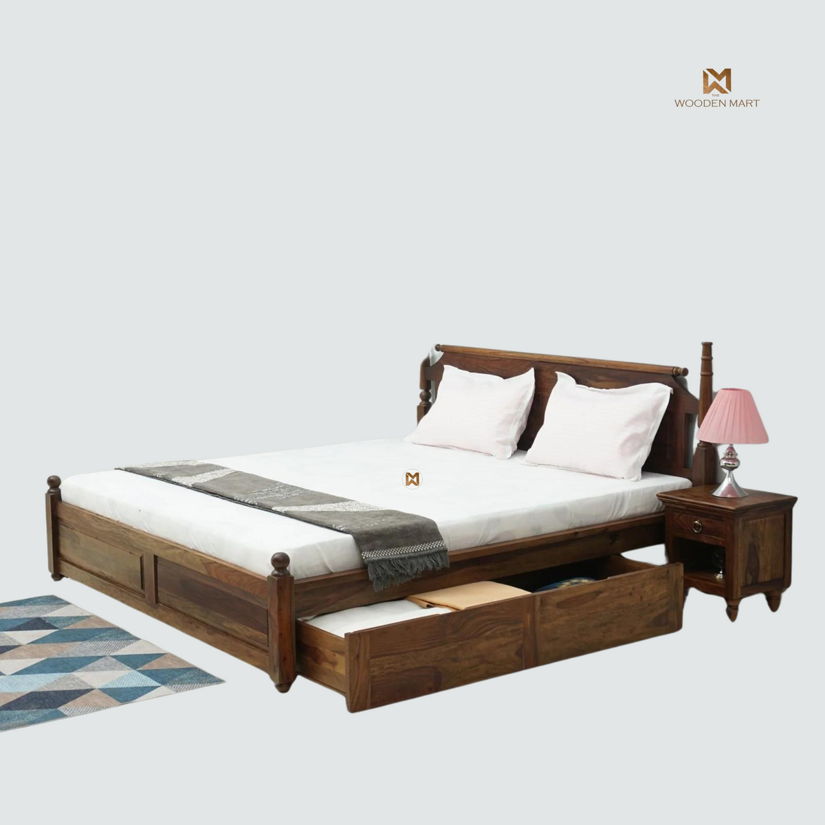 Traditional Solid Sheesham Wood Bed with Turned Posts
