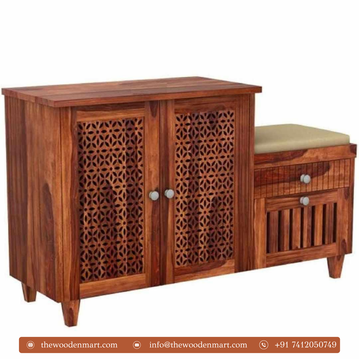  Wooden Shoe Rack with Carved Jali Doors & Seat