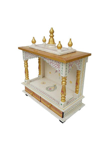 Wooden Temple/Home/Pooja Mandir/Mandap, White & Gold, 20x11x24 Inch