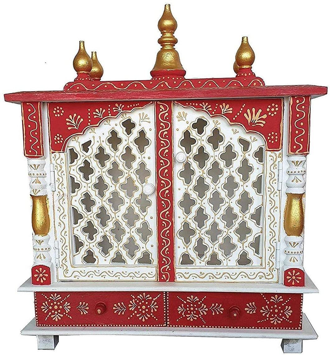 Wooden Temple With Door, White & Red, 18x9x21 Inch
